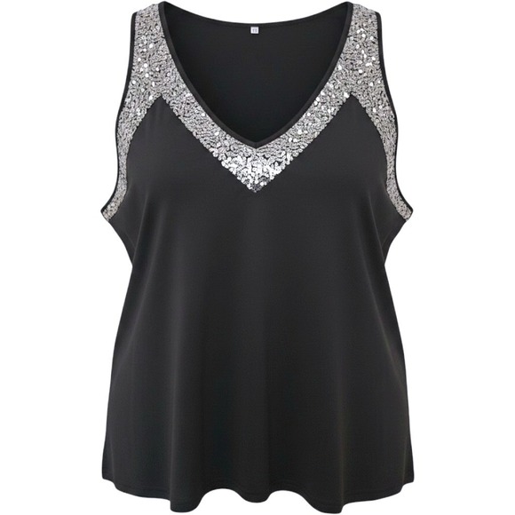 Unbranded Tops - Womens Black Sequin V-Neck Tank Top Sleeveless Plus Size 4XL Party Clubwear